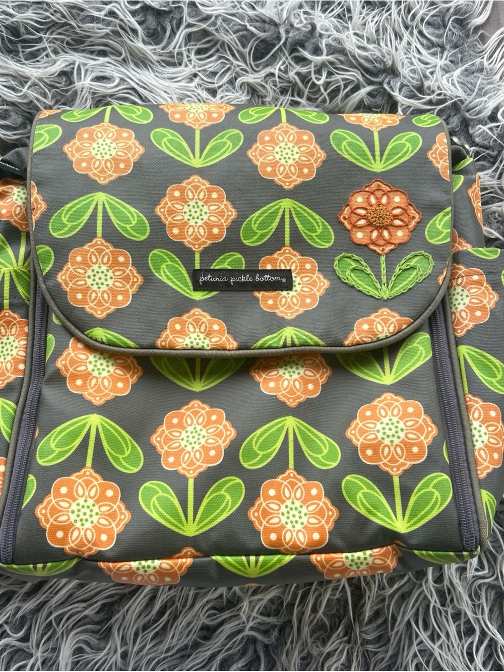 PETUNIA PICKLE BOTTOM GRAY ORANGE DIAPER BAG Floral Backpack